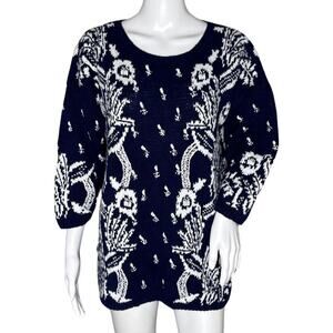 Jennifer Reed Sweater Womens‎ Small Navy Blue White Floral Knitted by Hand Boho